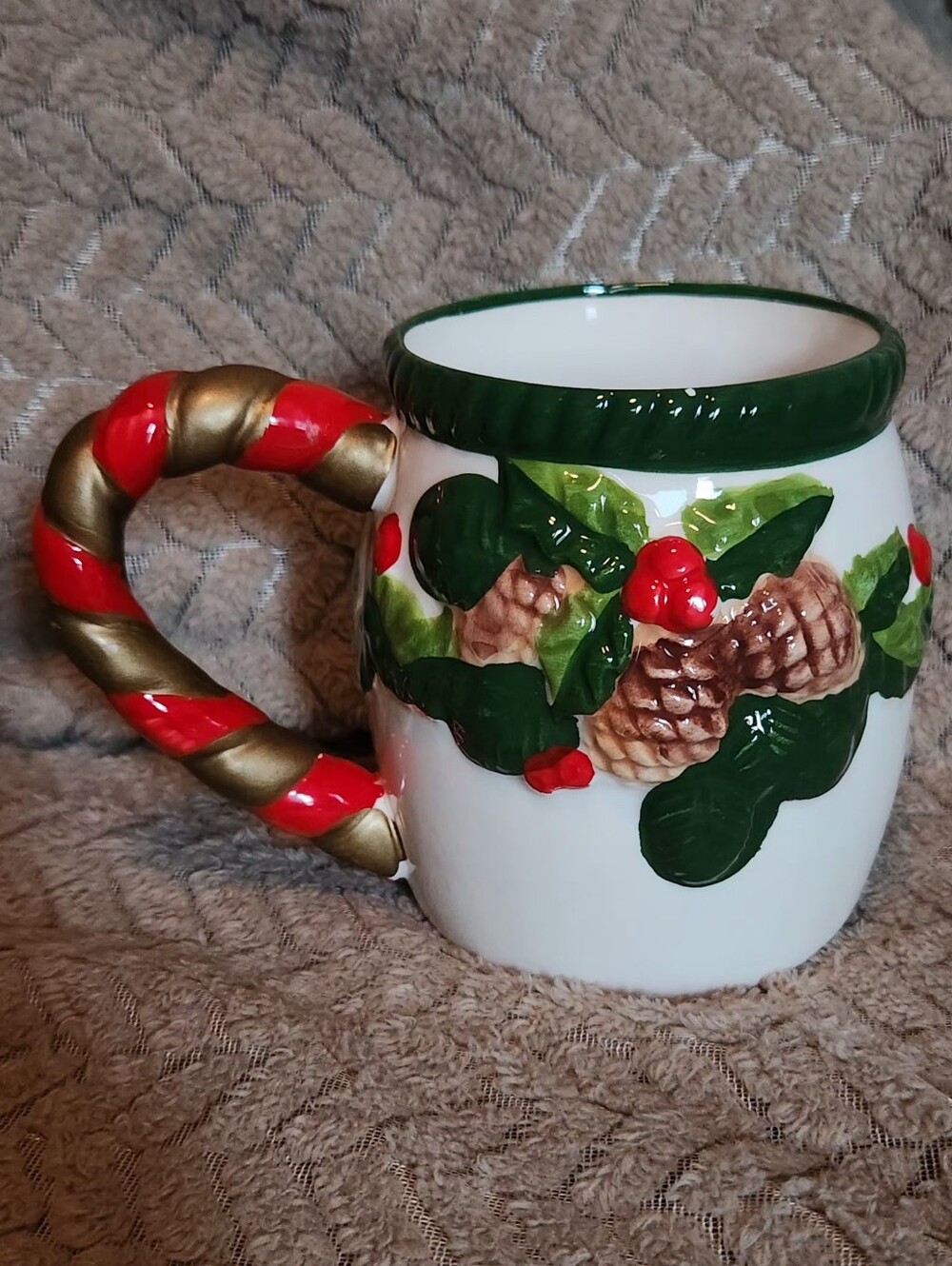 Vintage 90s Holiday Pinecone Ceramic Mug with Festive Red and Gold Handle